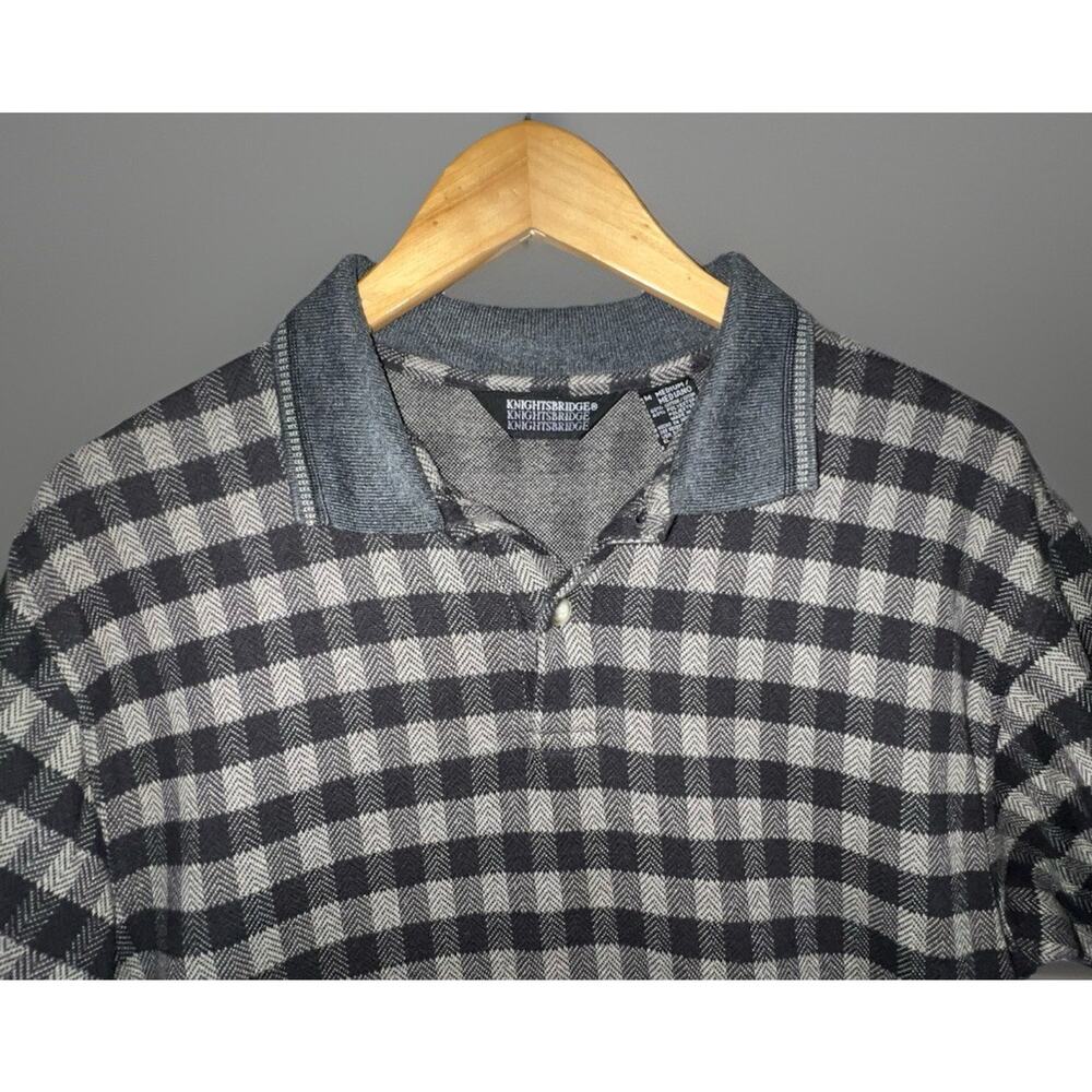 Knightsbridge Black Gray Plaid Knit Longsleeve Polo Shirt Mens M Contrast Trim - Picture 3 of 10
